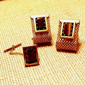 Gold Mesh Anson Cufflinks & Tie Tack Set Tigers Eye Stone Insert Vintage Retro